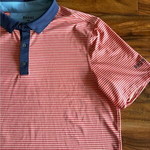 Rhône Men’s Golf Sport Polo Shirt Large L Orange Striped Navy Trim Top SPF